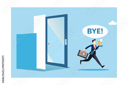 Business professional quickly exits through a doorway with a goodbye message