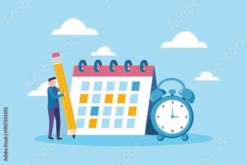 Planning and scheduling a man with a pencil beside a calendar and clock