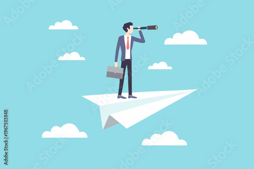 Businessman peers through binoculars atop a paper airplane envisioning the future