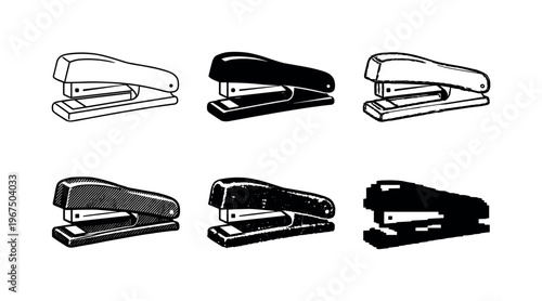 Office stapler handheld device with metal jaws used to fasten sheets of paper together securely | Create ONE image containing