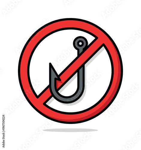 A 'no fishing' prohibition sign vector icon. This cartoon symbol with a crossed-out hook represents rules, warnings, and can also symbolize anti-phishing security concepts.