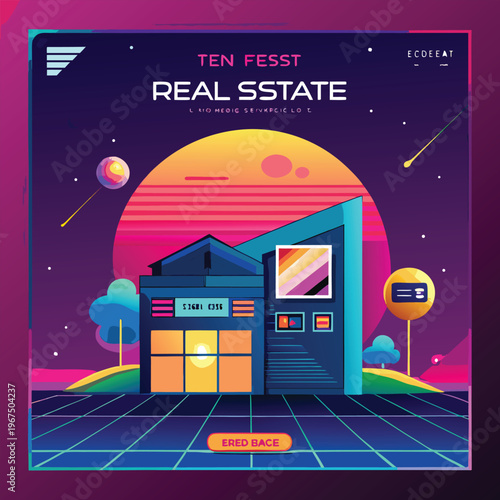 Retro futuristic building on hill with neon lights and sunset