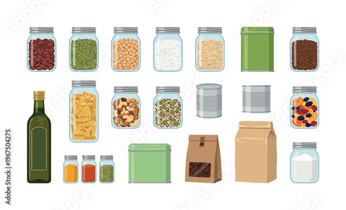 A vector set of pantry food staples like grains, pasta, and nuts stored in jars, cans, and bags. Ideal for illustrating zero waste, food storage, or healthy eating concepts.