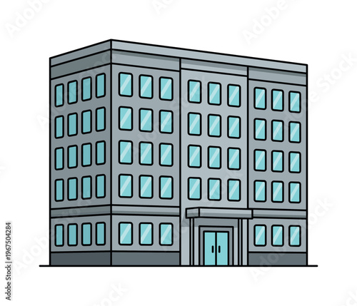 A modern office building illustration. This vector graphic shows a multistory corporate facade, perfect for real estate, business, or urban design concepts. Clean and simple style.