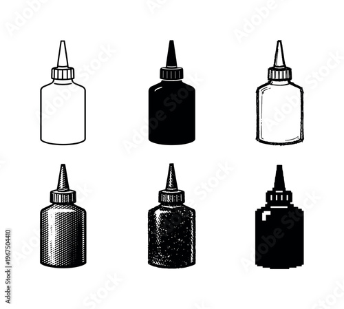Liquid adhesive bottle with narrow tip applicator used for precise bonding tasks | Create ONE image containing EXACTLY six