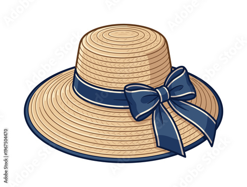 An elegant vector illustration of a classic straw boater hat. Features a wide brim and a stylish dark blue ribbon bow. Perfect for summer, fashion, and travel concepts.