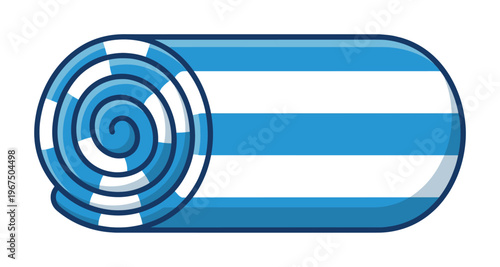 A rolled blue and white striped beach towel vector icon. A simple graphic for summer vacation, poolside relaxation, and travel-themed designs. Perfect for web, print, or apps.