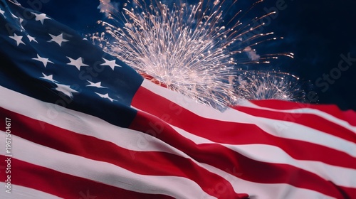 Celebration of Independence Day With Fireworks and the United States Flag Waving