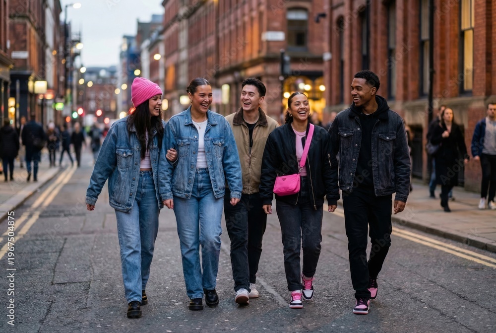 Obraz premium Group of stylish young friends walking through a city street with pink accessories in their clothing. Urban youth culture, candid lifestyle and happy diverse people friendship moment.