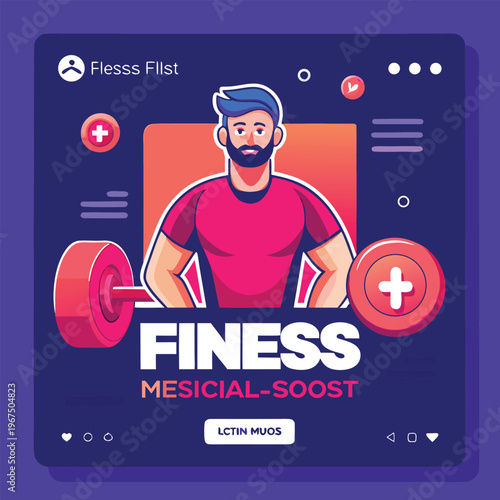 Man lifting weights on social media fitness post illustration