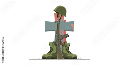A soldier's rifle and helmet rest on a cross behind a pair of boots