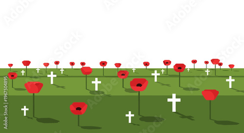 A serene field of red poppies and white crosses on green grassy terrain with a clear sky