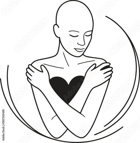 A minimalist line art illustration shows a person embracing self-love and care.
