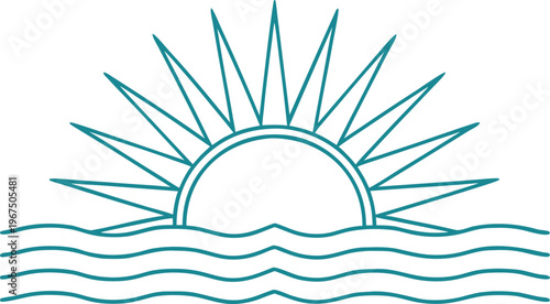 Minimal teal sunrise over calm sea ocean waves