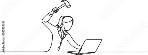 A frustrated business woman prepares to smash her laptop with a hammer.