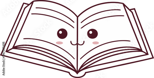 Open book with friendly cartoon face and dark red outline friendly character smiling book
