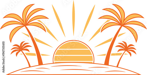 Orange sun rising behind palm trees on a hill sunrise