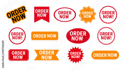 Collection of "Order Now" Labels - Various Shapes and Designs for E-commerce