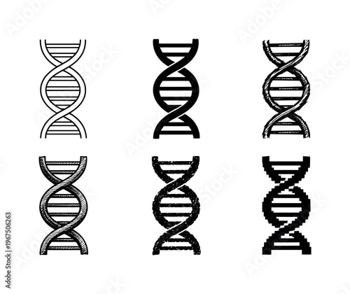 Double helix DNA molecule graphic representing genetics biology and laboratory studies | Create ONE image containing EXACTLY six