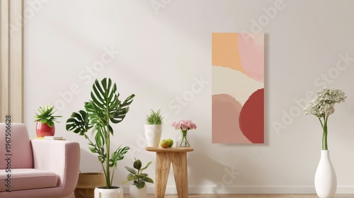 Colorful Birthday Cake With Candle on Stand in a Decorated Space for Celebrat...