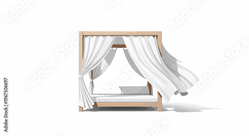 A fourposter bed with white curtains and a white mattress