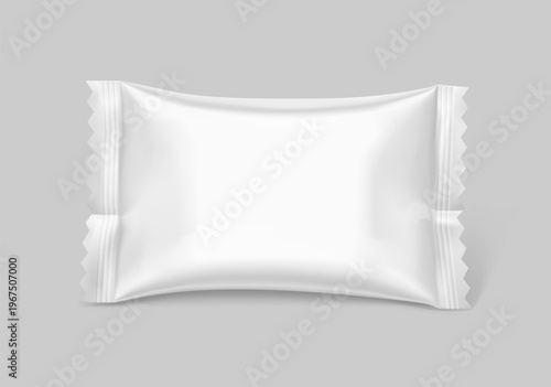 Realistic flow pack for candy mockup. Front view. Vector illustration isolated on grey background. Easy to use for presentation your product, idea, design. EPS10.