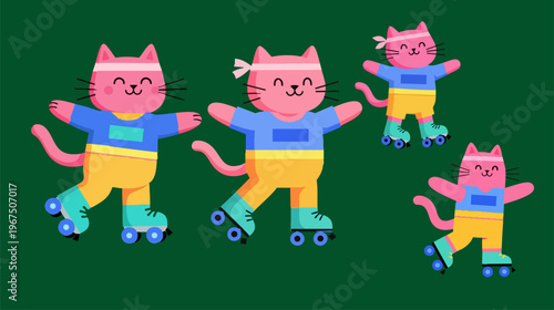 Retro pink cats roller skating in 80s fitness outfits, cute cartoon kittens exercising on roller skates, vintage style athletic cat characters