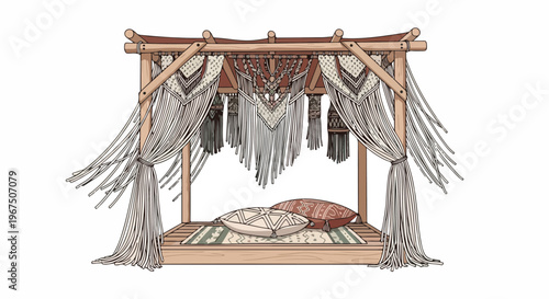 Bohemian outdoor daybed with macrame canopy and pillows