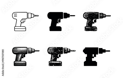 Power Drill Variations. Power drill tool icon representing mechanical equipment and building tasks | Create ONE image containing