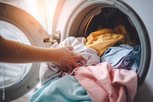 A woman puts colorful clothes into a washing machine in the laundry room. The setting shows bright light and a casual atmosphere typical for doing laundry