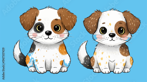 Kawaii puppy vector illustration, cute spotted dog characters with big eyes, adorable baby pet animal set for children's stickers and nursery decor
