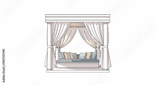 Illustration of a daybed with curtains and pillows  outdoor furniture