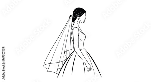 The bride's profile, elegantly adorned with a flowing veil and wedding gown, is captured in a delicate line drawing symbolizing love, commitment, and matrimonial beginnings.