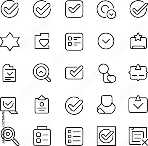 Approval check mark icon set line vector collection featuring verification, validation, checklist, confirmation, user interface symbols illustration
