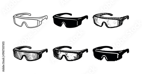Industrial eye protection goggles with wraparound frame designed for laboratory and workshop safety | Create ONE image containing