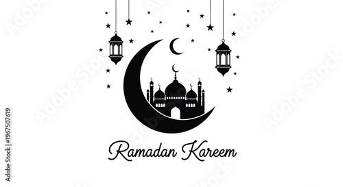 Ramadan Kareem greeting featuring a crescent moon, mosque silhouette, lanterns, and stars, celebrating the holy month of Islamic observance.