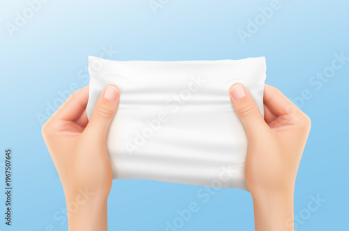 Testing for strength towel in hands mockup. Perfect for materials, kitchen towels, napkins, cloth, wet wipes and other product. Vector illustration on a colour background. EPS10.