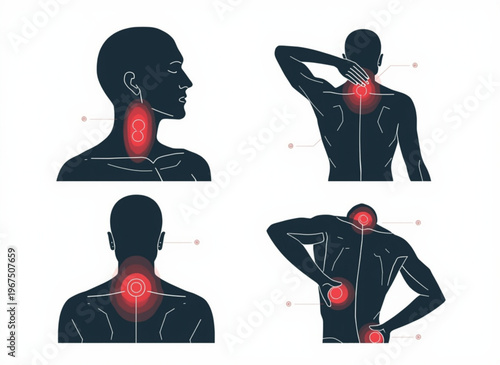 A vector graphic illustration of a human body with highlighted pain areas in the neck and back