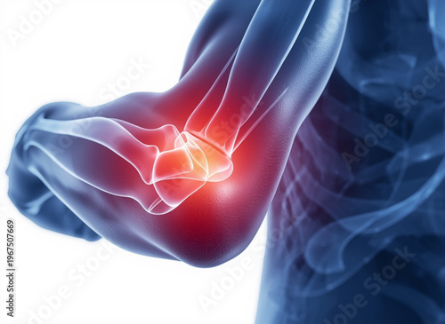 A medical illustration of a human elbow with highlighted pain area