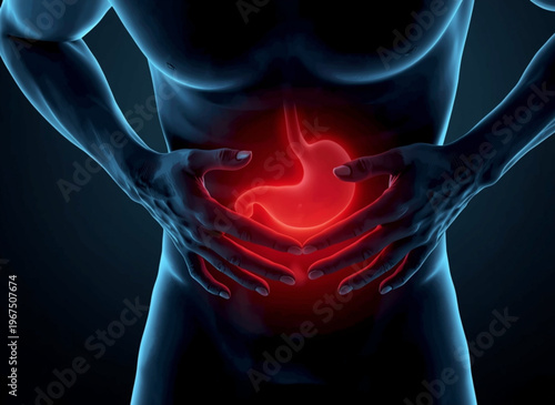 A man clutching his stomach in pain with a glowing red stomach illustration