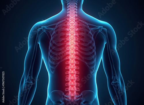 A medical illustration of a human skeleton with a highlighted spine and glowing red vertebrae