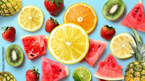 Fresh Fruit Arrangement on a Blue Surface Showing Various Colors and Shapes i...