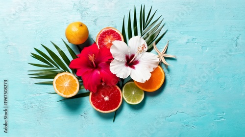 Bright Arrangement of Fruits and Flowers on Blue Background With Palm Leaves and a Starfish