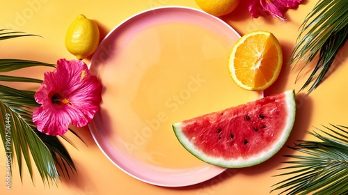 Bright Display of Tropical Fruits and Flowers on a Colorful Surface in a Modern Setting