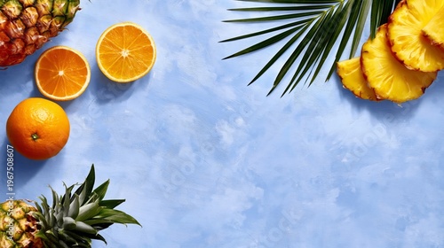 Fresh Fruits Displayed on a Blue Background With Green Leaves and Tropical Vibes