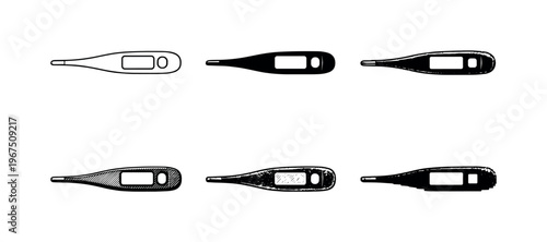 Digital thermometer with display screen and slim probe, used to measure body temperature during illness | Create ONE image