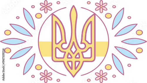 Yellow trident symbol on ukrainian flag colors with stylized floral pattern ukraine