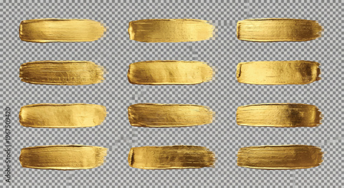 Matte gold foil brush strokes with smooth metallic gradient and clean edges set on checkered transparent backdrop.