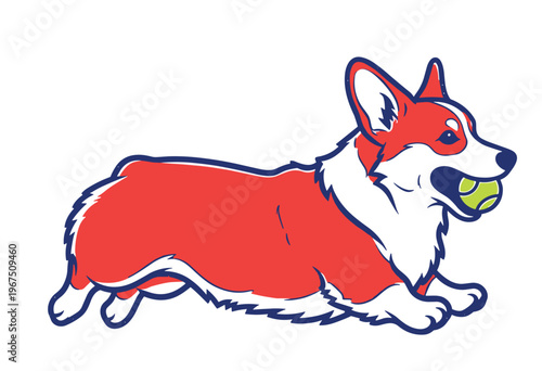 Cartoon corgi dog playing with a tennis ball in a playful pose