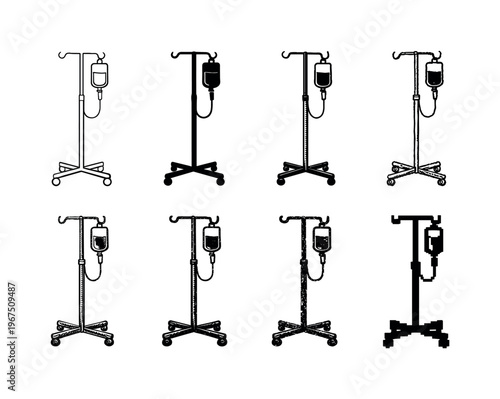 Intravenous IV drip stand with hanging fluid bag, used to deliver medication and hydration to patients | Create ONE image
